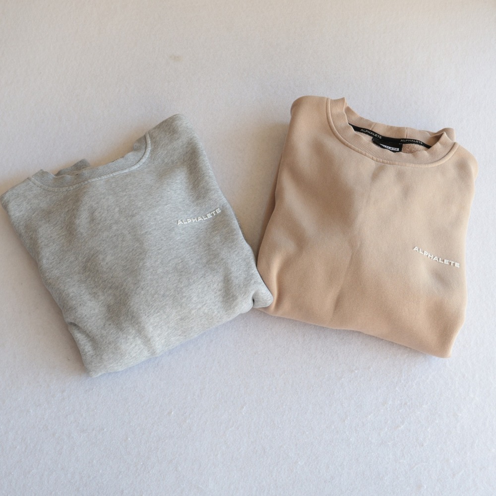 Lot of 2 Alphalete Men Crewneck Fleece Pullover XL Grey & Tan Gym Training